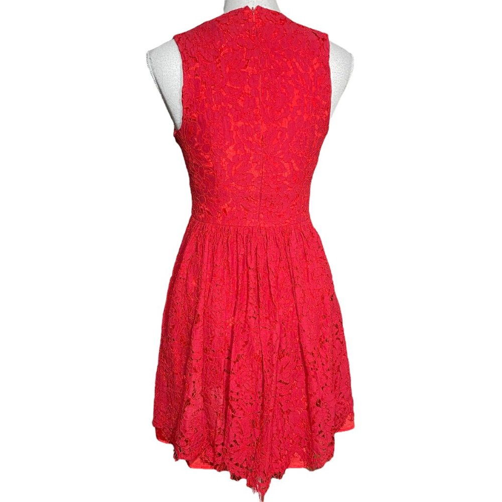 Lulus Lace Dress S Allover Surplice V-Neck A-Line Skater Eyelash Scalloped Red - Picture 3 of 13